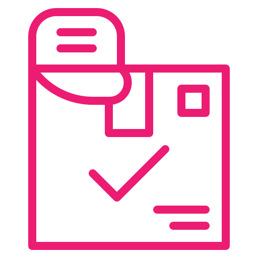 Pink delivery box icon with checkmark.