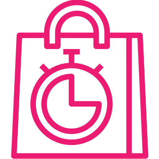 Pink shopping bag with clock icon.