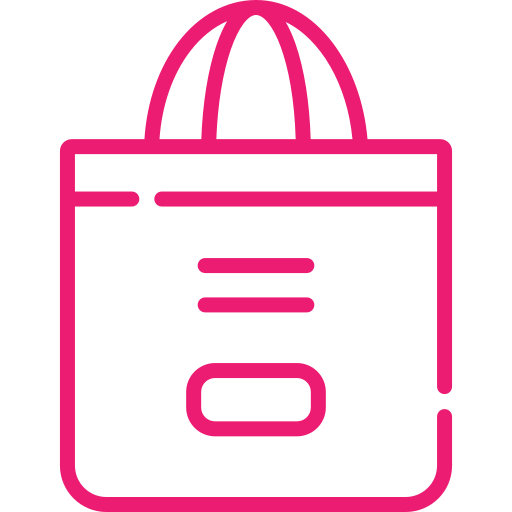 Pink shopping bag icon on black background.
