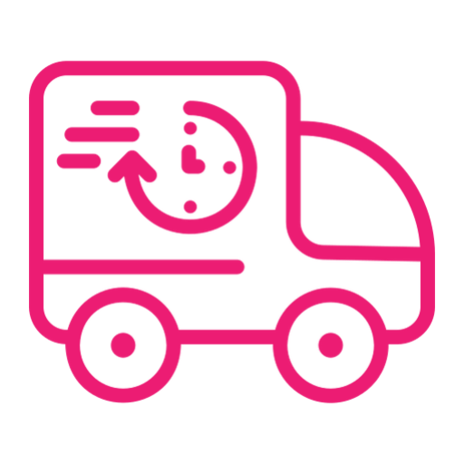 Pink delivery truck icon with clock symbol.