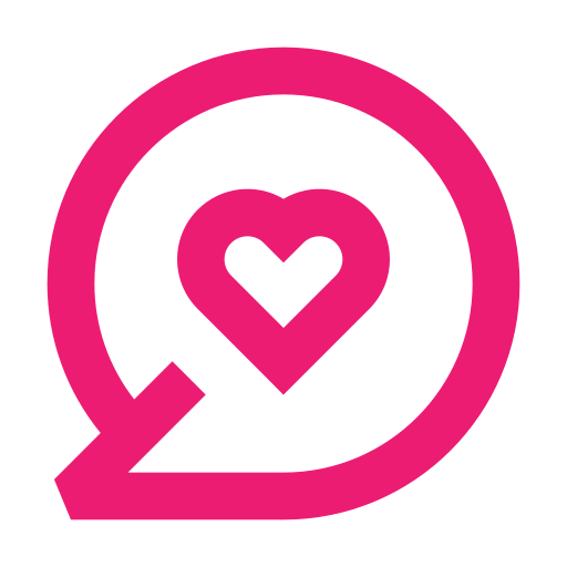 Pink heart within circular arrow on black.