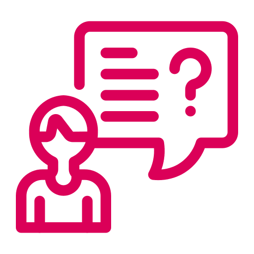 Person with question mark speech bubble icon.