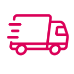 Pink delivery truck icon on black background.